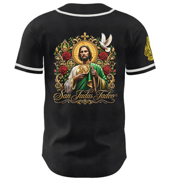 Christianartworkshop Vorderseite Vertikales Rosenkranz-Motiv der Heiligen San Juditas Rückseite Porträt der Heiligen Lilie und Taube Baseballtrikot mit Knöpfen - image 8