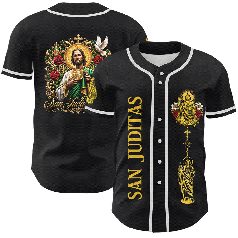 Christianartworkshop Vorderseite Vertikales Rosenkranz-Motiv der Heiligen San Juditas Rückseite Porträt der Heiligen Lilie und Taube Baseballtrikot mit Knöpfen - Schwarz - Gelb - 5XL - image 6