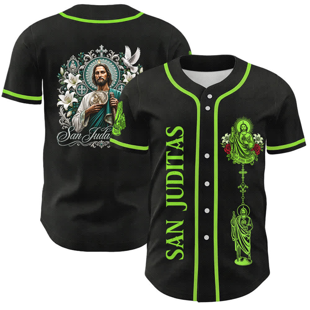 Christianartworkshop Vorderseite Vertikales Rosenkranz-Motiv der Heiligen San Juditas Rückseite Porträt der Heiligen Lilie und Taube Baseballtrikot mit Knöpfen - Schwarz - Grün - 5XL - image 0