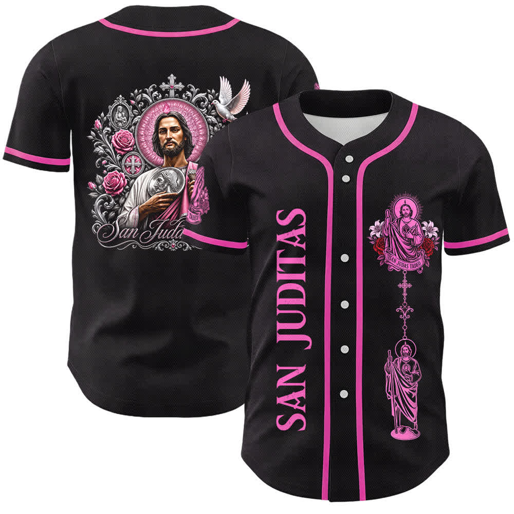 Christianartworkshop Vorderseite Vertikales Rosenkranz-Motiv der Heiligen San Juditas Rückseite Porträt der Heiligen Lilie und Taube Baseballtrikot mit Knöpfen - Schwarz - Rosa - 5XL - image 3