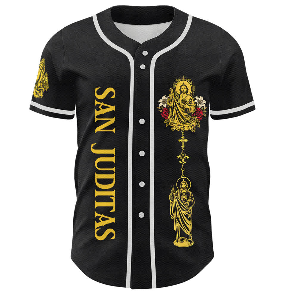 Christianartworkshop Vorderseite Vertikales Rosenkranz-Motiv der Heiligen San Juditas Rückseite Porträt der Heiligen Lilie und Taube Baseballtrikot mit Knöpfen - image 7
