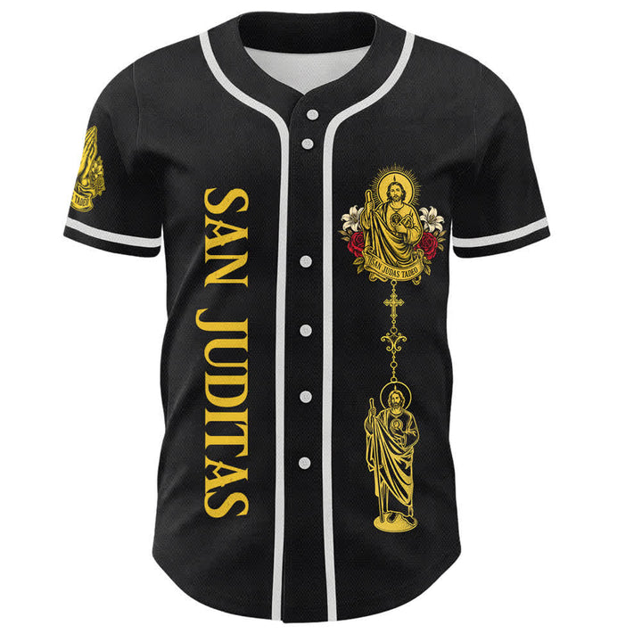 Christianartworkshop Vorderseite Vertikales Rosenkranz-Motiv der Heiligen San Juditas Rückseite Porträt der Heiligen Lilie und Taube Baseballtrikot mit Knöpfen - image 7