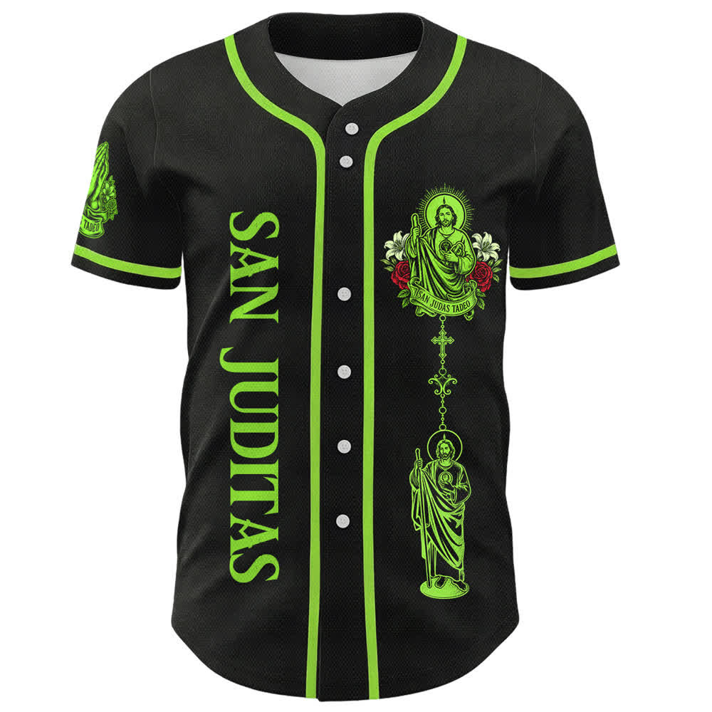 Christianartworkshop Vorderseite Vertikales Rosenkranz-Motiv der Heiligen San Juditas Rückseite Porträt der Heiligen Lilie und Taube Baseballtrikot mit Knöpfen - image 1