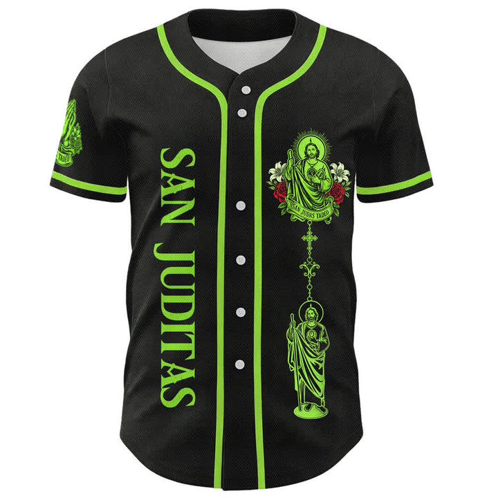 Christianartworkshop Vorderseite Vertikales Rosenkranz-Motiv der Heiligen San Juditas Rückseite Porträt der Heiligen Lilie und Taube Baseballtrikot mit Knöpfen - image 1