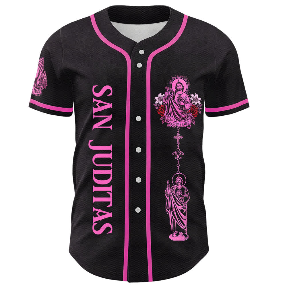 Christianartworkshop Vorderseite Vertikales Rosenkranz-Motiv der Heiligen San Juditas Rückseite Porträt der Heiligen Lilie und Taube Baseballtrikot mit Knöpfen - image 4