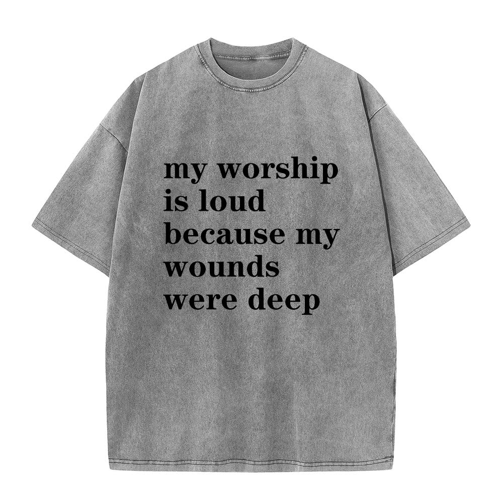 Christianartworkshop Vintage Washed My Worship Is Loud Because My Wounds Were Deep Letter Graphic Classic T-shirt - Grau - 2XL - image 1