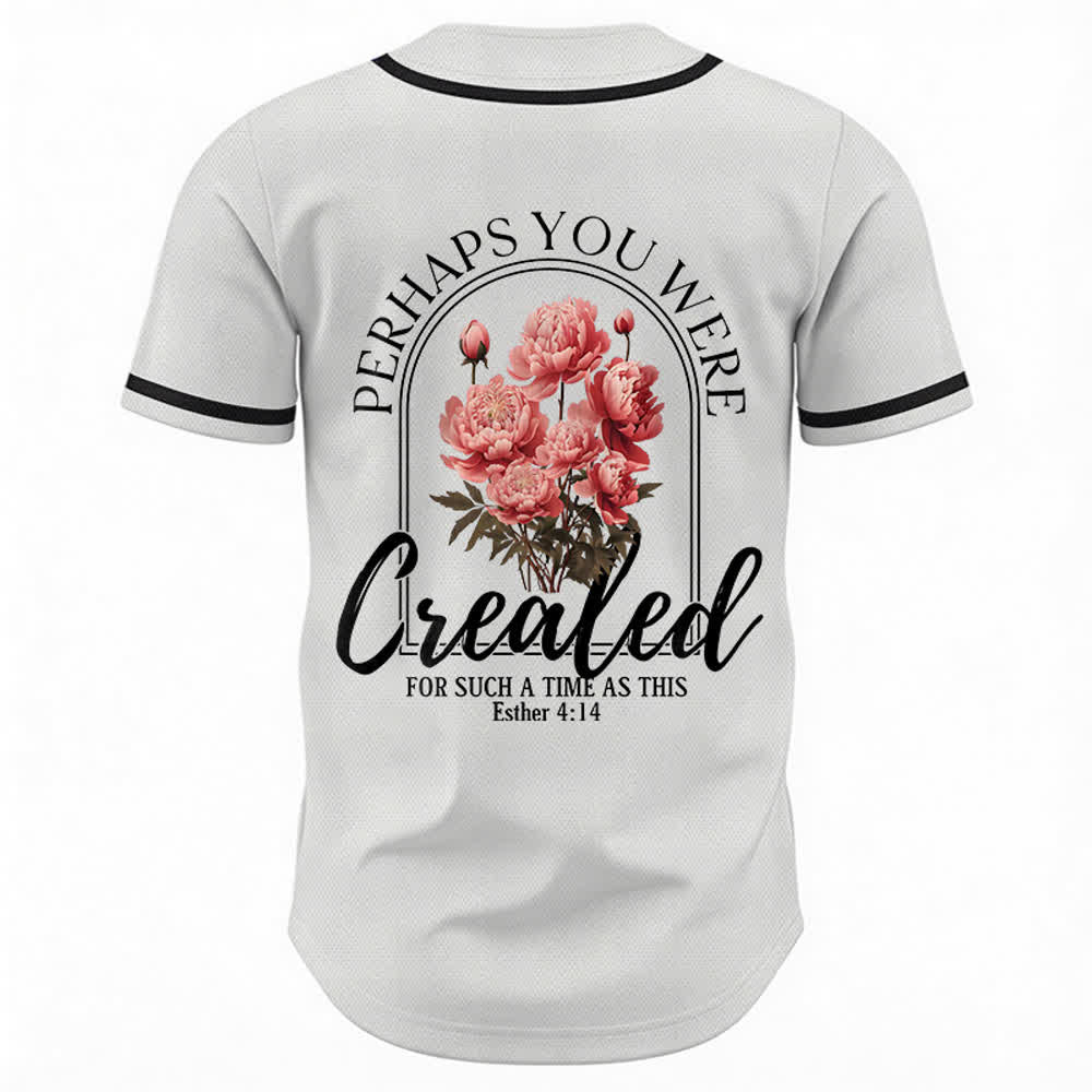 Christianartworkshop „Vielleicht wurdest du gerade für eine Zeit wie diese geschaffen“ Esther 4,14 Baseballtrikot mit Pfingstrosen-Glaubensmotiv und Knöpfen - image 1