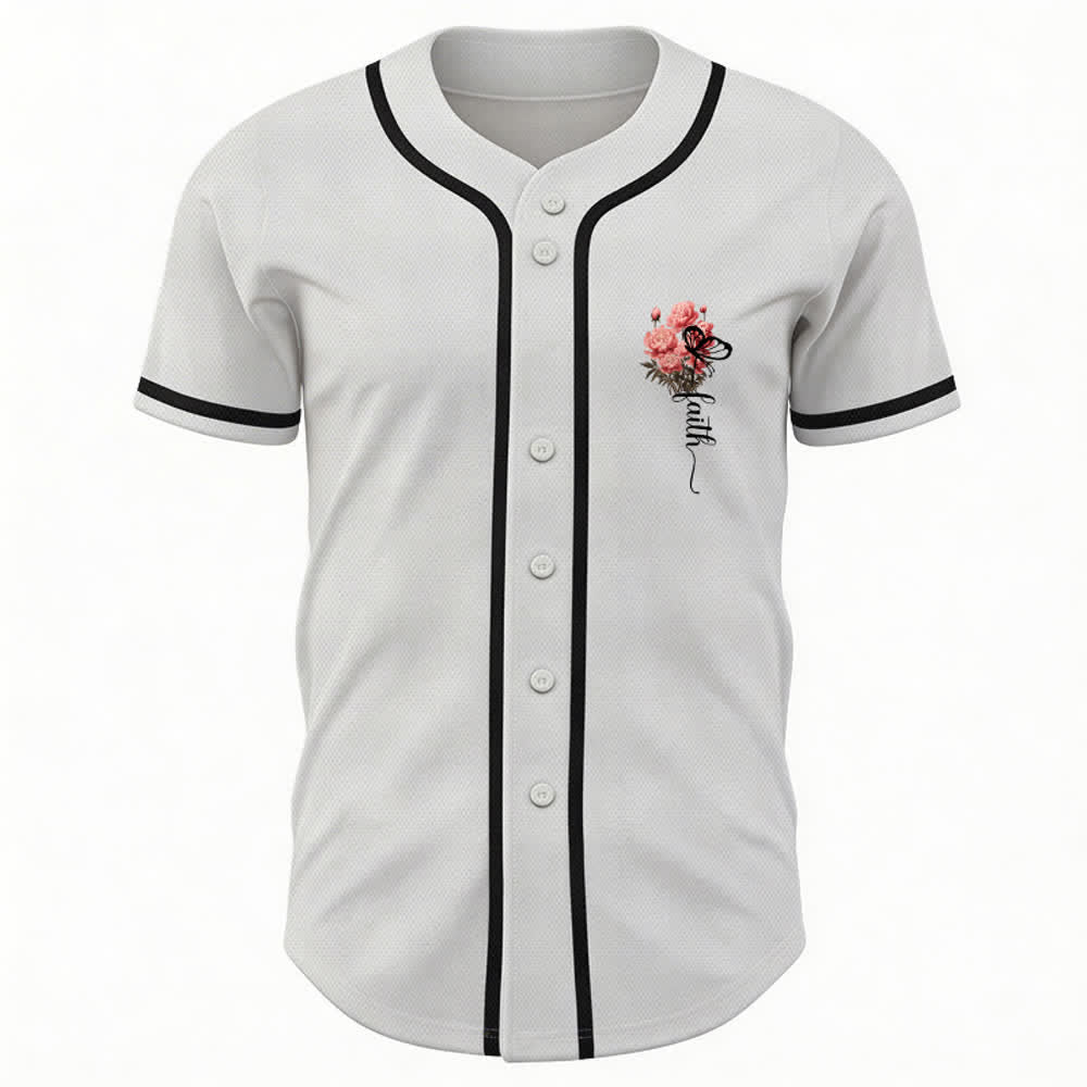 Christianartworkshop „Vielleicht wurdest du gerade für eine Zeit wie diese geschaffen“ Esther 4,14 Baseballtrikot mit Pfingstrosen-Glaubensmotiv und Knöpfen - image 2