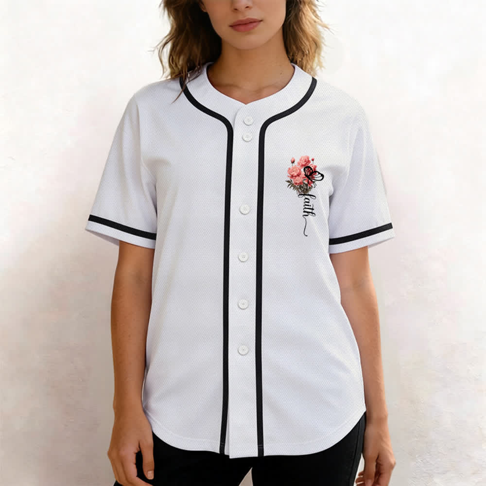 Christianartworkshop „Vielleicht wurdest du gerade für eine Zeit wie diese geschaffen“ Esther 4,14 Baseballtrikot mit Pfingstrosen-Glaubensmotiv und Knöpfen - image 6