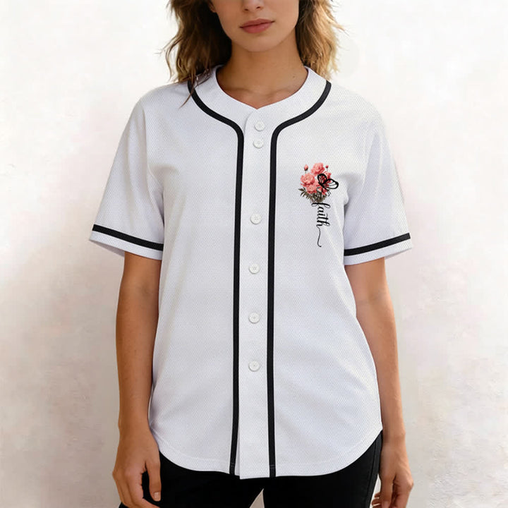 Christianartworkshop „Vielleicht wurdest du gerade für eine Zeit wie diese geschaffen“ Esther 4,14 Baseballtrikot mit Pfingstrosen-Glaubensmotiv und Knöpfen - image 6