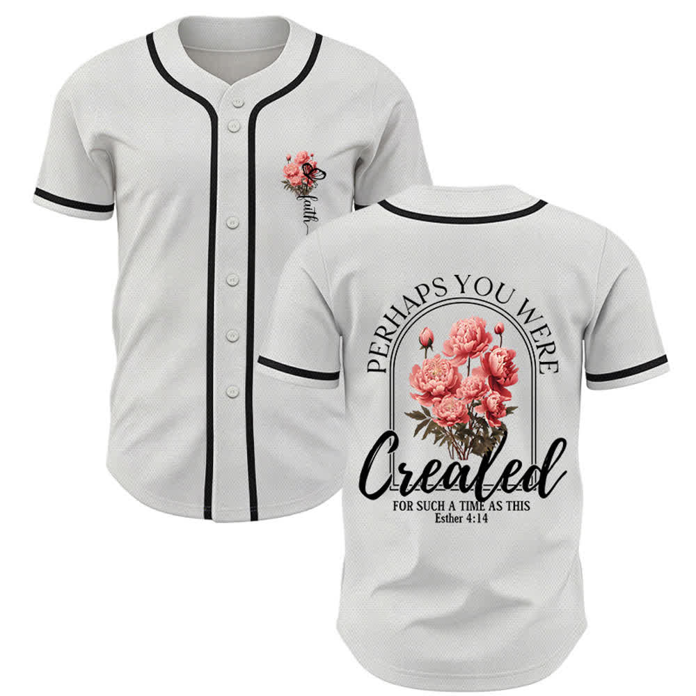 Christianartworkshop „Vielleicht wurdest du gerade für eine Zeit wie diese geschaffen“ Esther 4,14 Baseballtrikot mit Pfingstrosen-Glaubensmotiv und Knöpfen - Weiß - 5XL - image 0