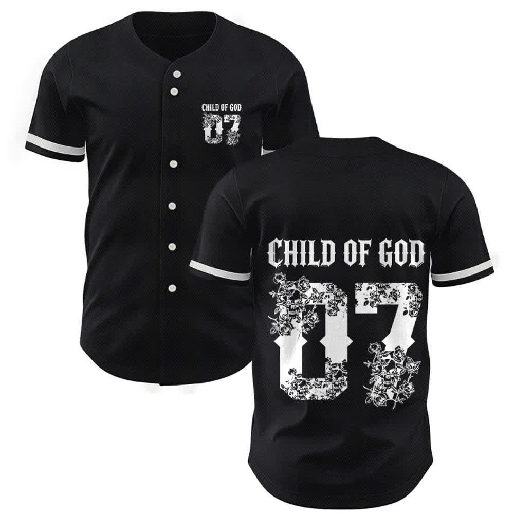Christianartworkshop „Child Of God“ Baseballtrikot mit Blumenmuster, Nummer 07, Knopfleiste - Schwarz - 5XL - image 0