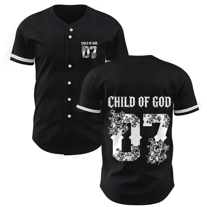 Christianartworkshop „Child Of God“ Baseballtrikot mit Blumenmuster, Nummer 07, Knopfleiste - Schwarz - 5XL - image 0