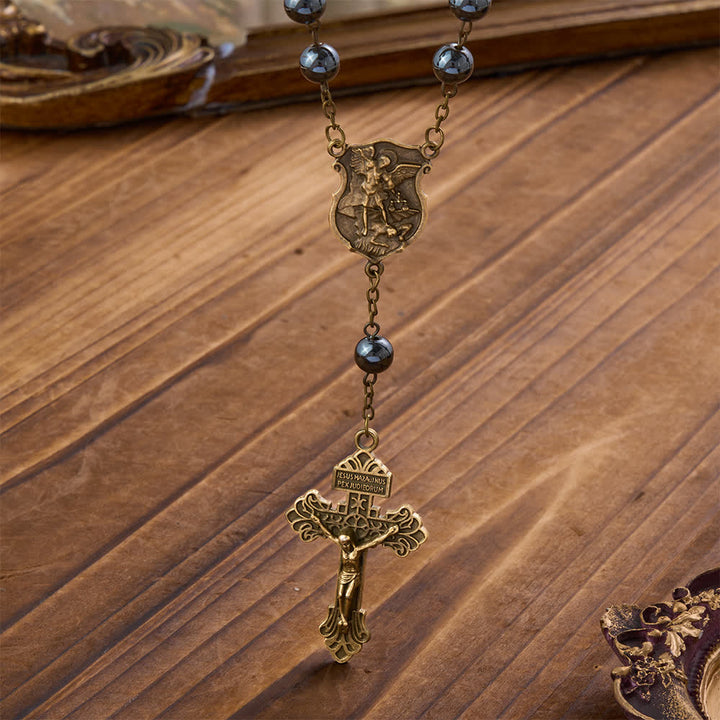 Christianartworkshop Autoanhänger aus Hämatitperlen mit St.-Michael-Medaille und Kruzifix: Ein Geschenk himmlischen Schutzes und himmlischer Stärke - image 8