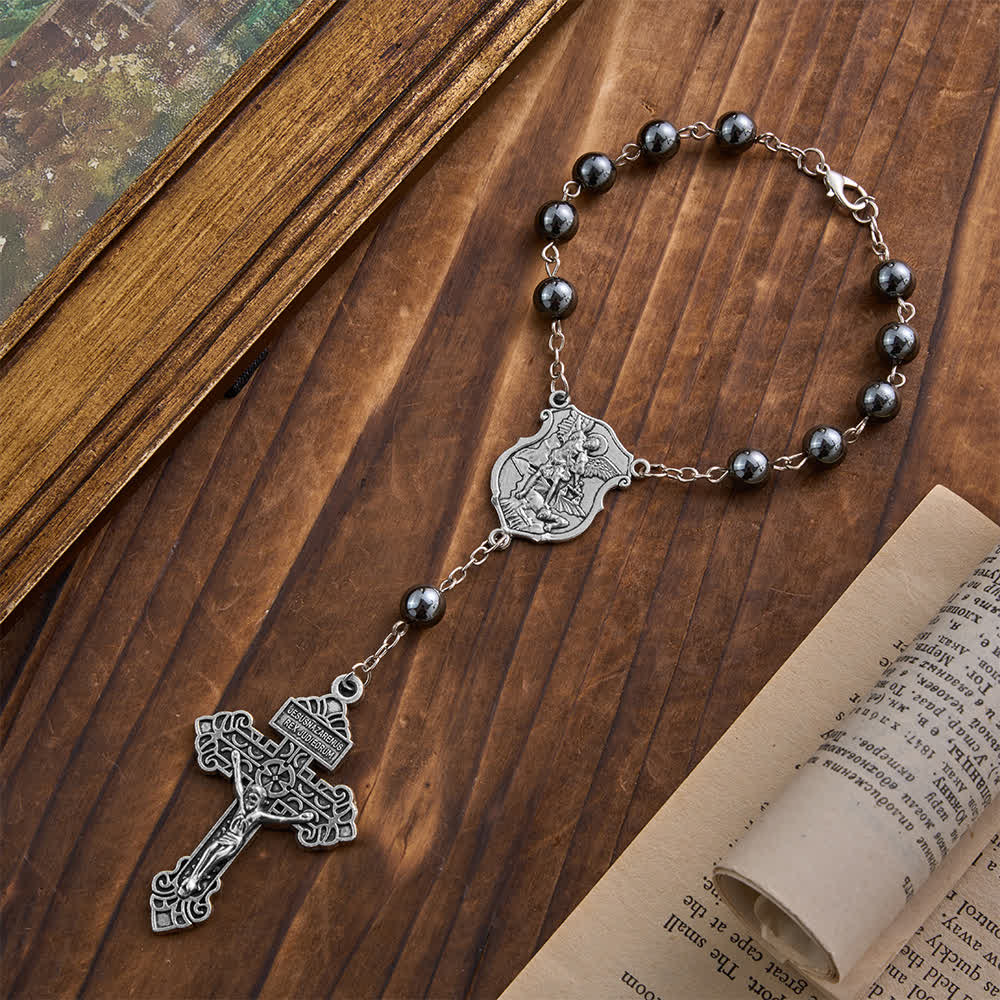 Christianartworkshop Autoanhänger aus Hämatitperlen mit St.-Michael-Medaille und Kruzifix: Ein Geschenk himmlischen Schutzes und himmlischer Stärke - image 14