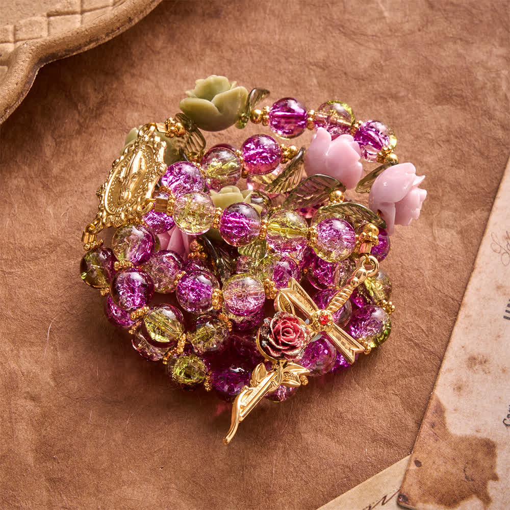 Christianartworkshop Rosenkranz aus rosa und grünen, facettierten Glasperlen mit Crackle-Effekt und Rosenmotiven, Marienkreuz - image 2