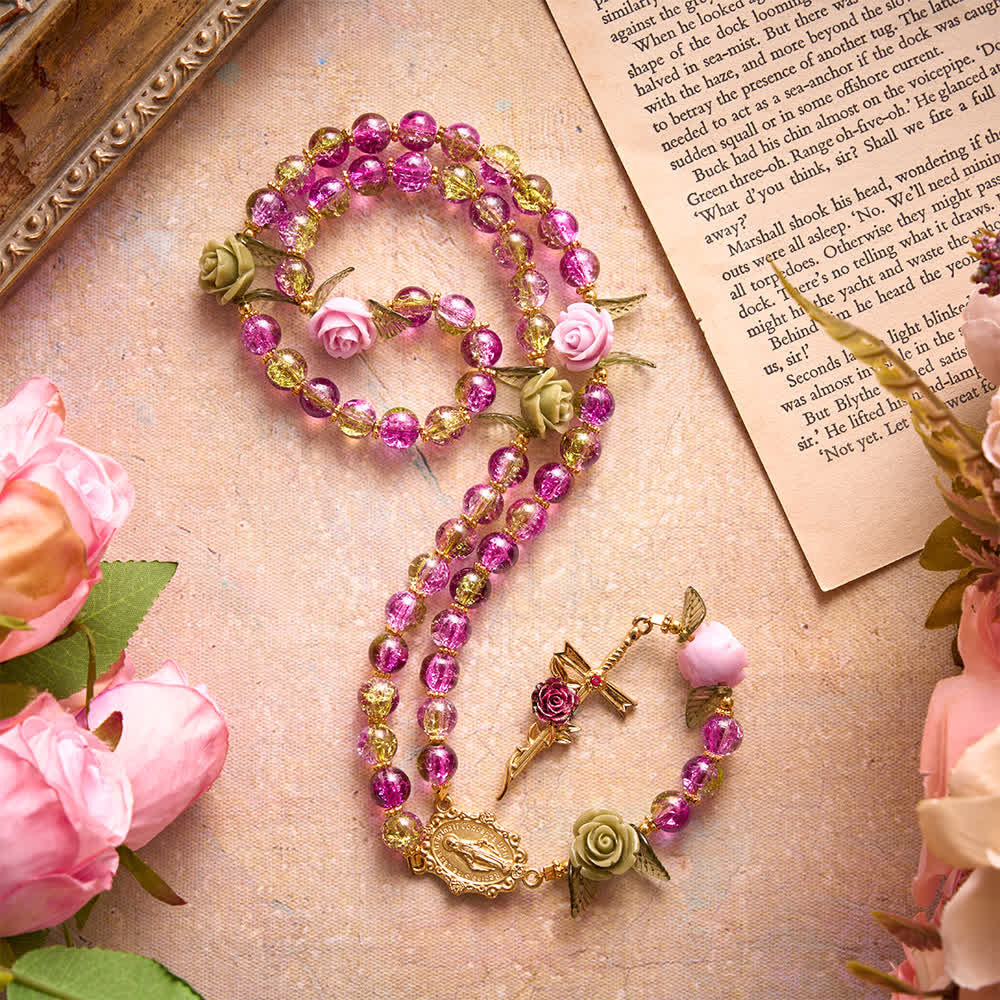 Christianartworkshop Rosenkranz aus rosa und grünen, facettierten Glasperlen mit Crackle-Effekt und Rosenmotiven, Marienkreuz - Rosenkranz aus rosa und grünen Perlen - image 0