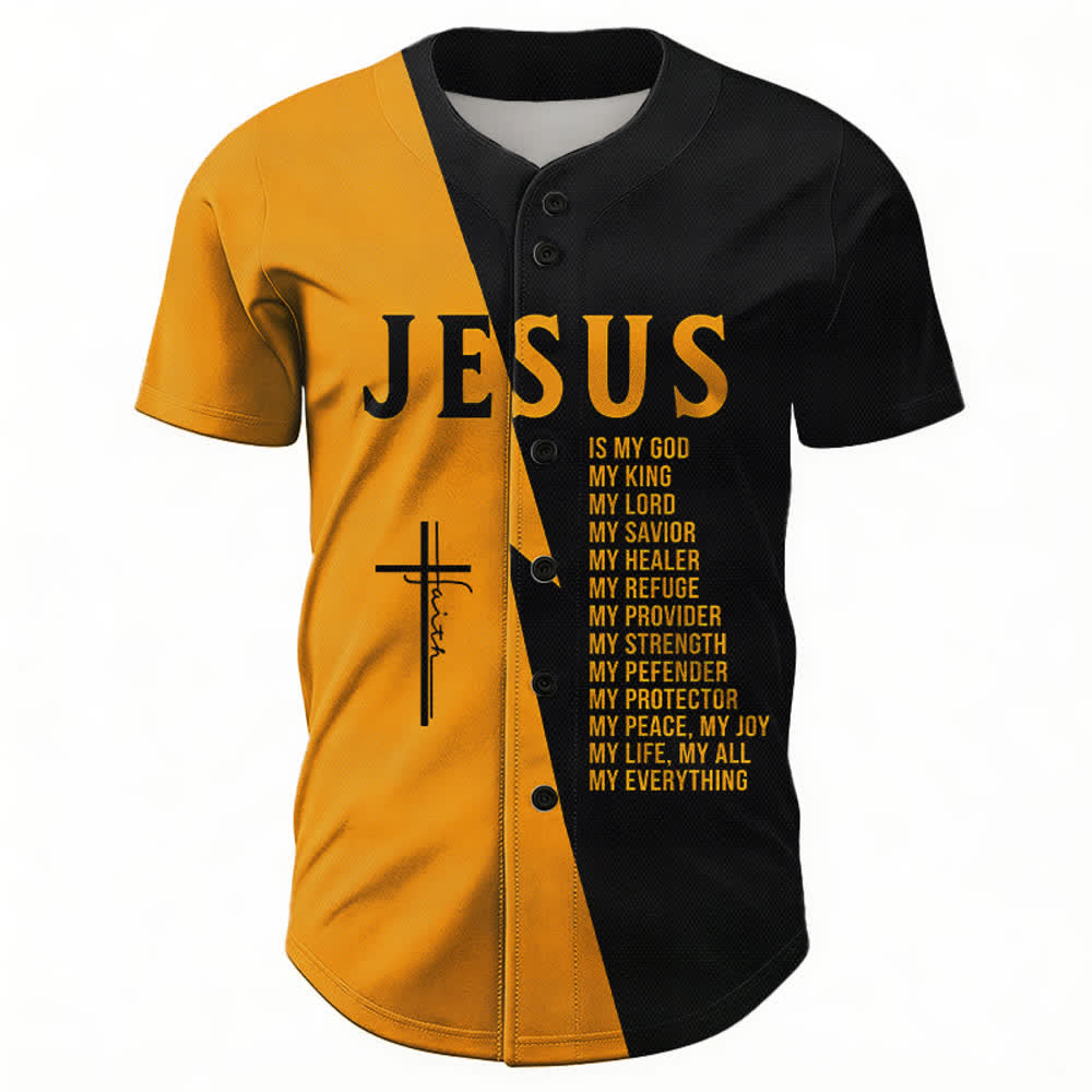 Christianartworkshop Jesus ist mein Gott, mein Ein und Alles. Schwarzes und goldenes Unisex-Baseballtrikot in zwei Farben. - image 1