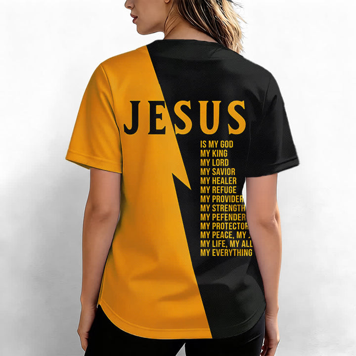 Christianartworkshop Jesus ist mein Gott, mein Ein und Alles. Schwarzes und goldenes Unisex-Baseballtrikot in zwei Farben. - image 4
