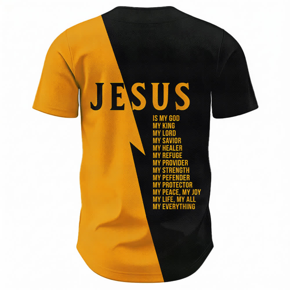 Christianartworkshop Jesus ist mein Gott, mein Ein und Alles. Schwarzes und goldenes Unisex-Baseballtrikot in zwei Farben. - image 2