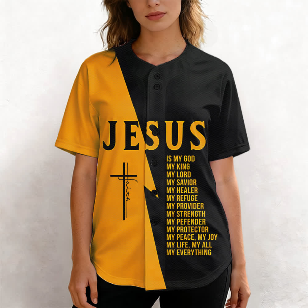 Christianartworkshop Jesus ist mein Gott, mein Ein und Alles. Schwarzes und goldenes Unisex-Baseballtrikot in zwei Farben. - image 3
