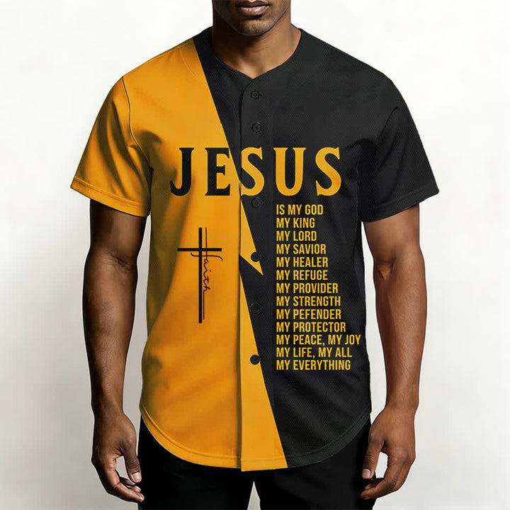 Christianartworkshop Jesus ist mein Gott, mein Ein und Alles. Schwarzes und goldenes Unisex-Baseballtrikot in zwei Farben. - image 5