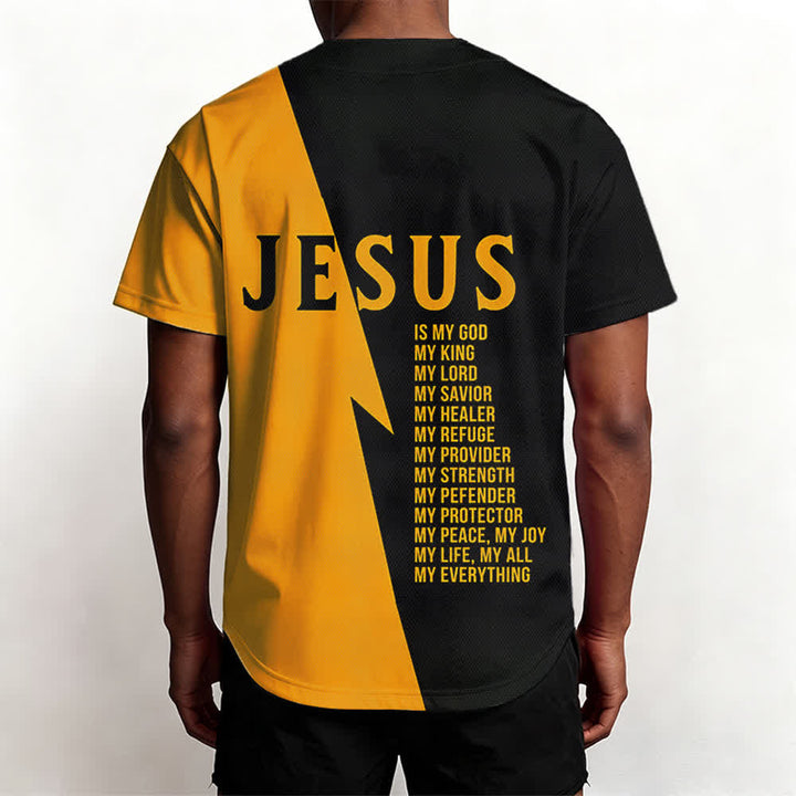 Christianartworkshop Jesus ist mein Gott, mein Ein und Alles. Schwarzes und goldenes Unisex-Baseballtrikot in zwei Farben. - image 6