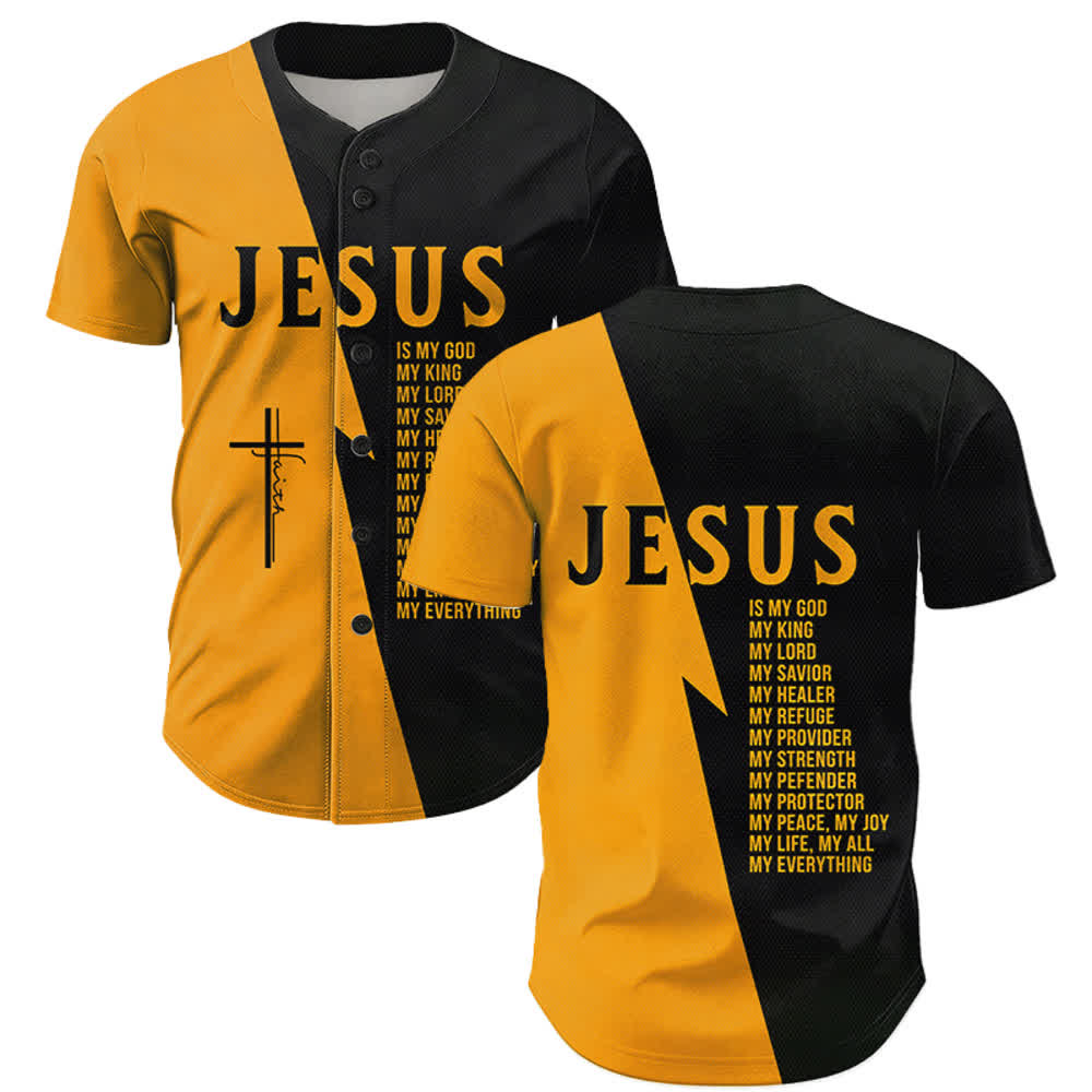 Christianartworkshop Jesus ist mein Gott, mein Ein und Alles. Schwarzes und goldenes Unisex-Baseballtrikot in zwei Farben. - 5XL - image 0