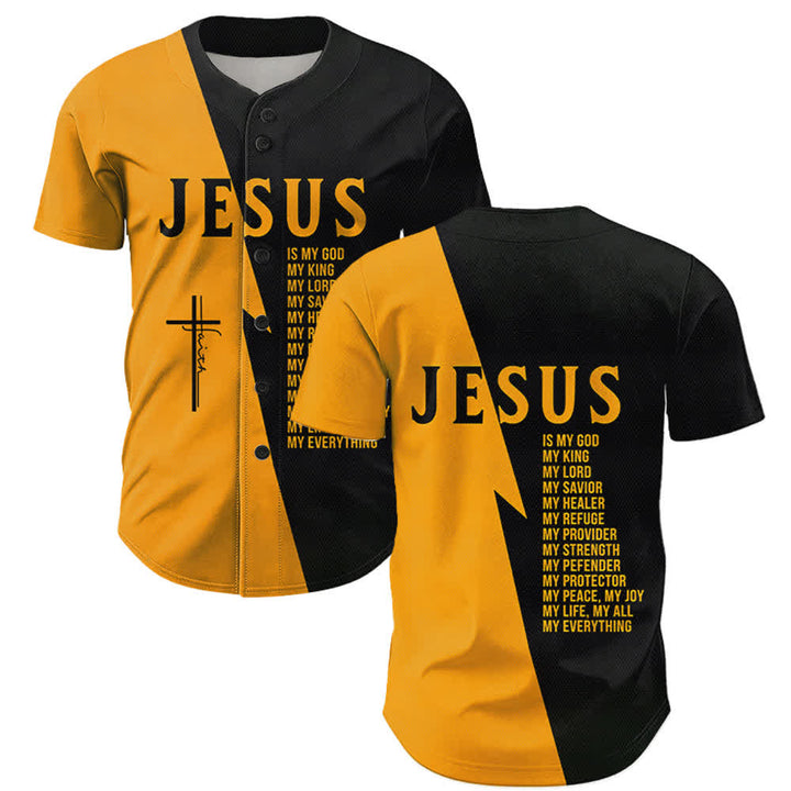 Christianartworkshop Jesus ist mein Gott, mein Ein und Alles. Schwarzes und goldenes Unisex-Baseballtrikot in zwei Farben. - 5XL - image 0