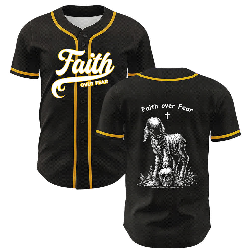 Christianartworkshop Glaube statt Angst – Unisex-Baseballtrikot mit Lamm-Kreuz-Totenkopf-Motiv - Gelb - 5XL - image 0