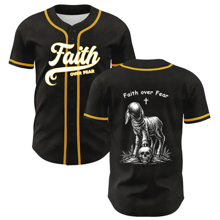 Christianartworkshop Glaube statt Angst – Unisex-Baseballtrikot mit Lamm-Kreuz-Totenkopf-Motiv - Gelb - 5XL - image 0