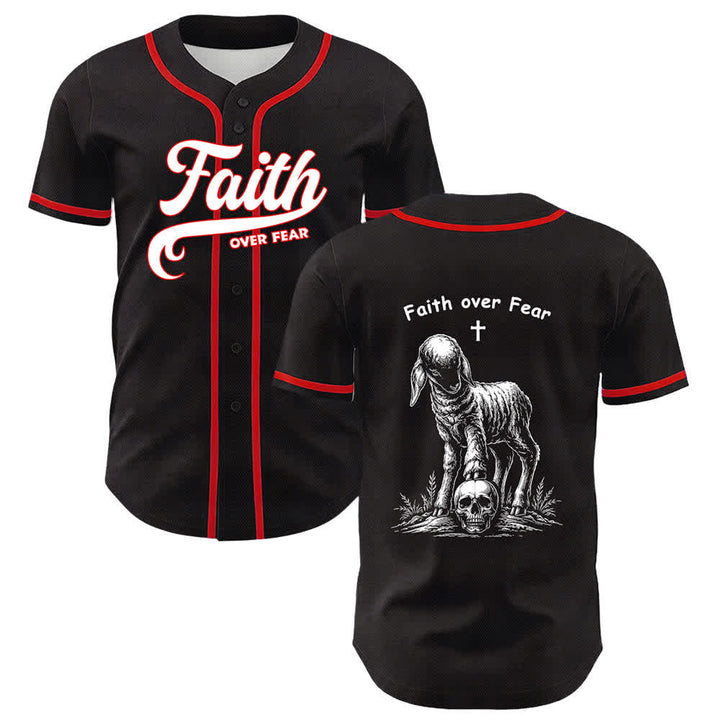 Christianartworkshop Glaube statt Angst – Unisex-Baseballtrikot mit Lamm-Kreuz-Totenkopf-Motiv - Rot - 5XL - image 3
