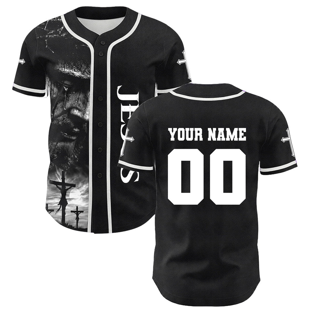 Christianartworkshop Jesus Kreuzigung Benutzerdefinierter Name Nummer Kreuz Ärmel Unisex Baseballtrikot - image 1