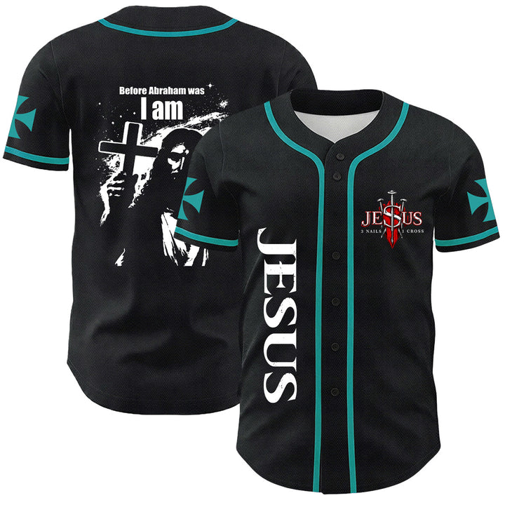Christianartworkshop Bevor Abraham war, bin ich Jesus Kreuz Nagel Grafik Unisex Baseballtrikot - Dunkelgrün - 5XL - image 24