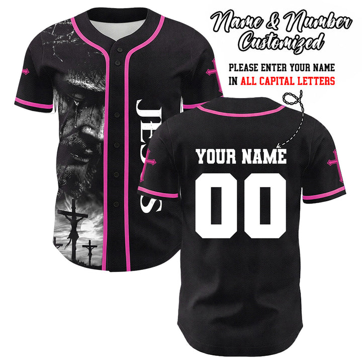 Christianartworkshop Jesus Kreuzigung Benutzerdefinierter Name Nummer Kreuz Ärmel Unisex Baseballtrikot - Rosa - 5XL - image 16