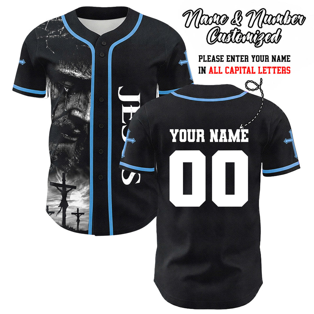Christianartworkshop Jesus Kreuzigung Benutzerdefinierter Name Nummer Kreuz Ärmel Unisex Baseballtrikot - Blau - 5XL - image 12
