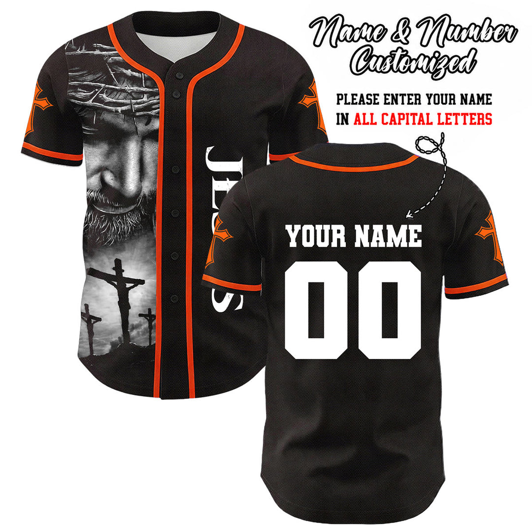 Christianartworkshop Dornenkrone Jesus Individueller Name Nummer Kreuz Ärmel Unisex Baseballtrikot - Orange - 5XL - Name und Nummer personalisiert - image 20