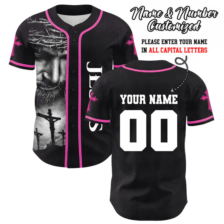 Christianartworkshop Dornenkrone Jesus Individueller Name Nummer Kreuz Ärmel Unisex Baseballtrikot - Rosa - 5XL - Name und Nummer personalisiert - image 16