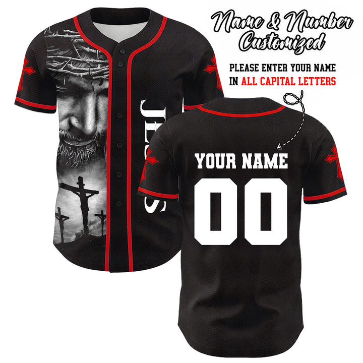 Christianartworkshop Dornenkrone Jesus Individueller Name Nummer Kreuz Ärmel Unisex Baseballtrikot - Rot - 5XL - Name und Nummer personalisiert - image 4