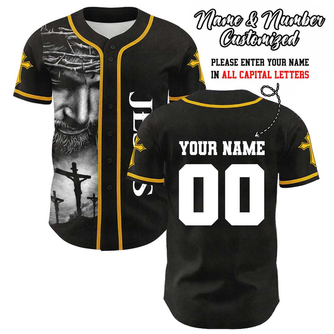 Christianartworkshop Dornenkrone Jesus Individueller Name Nummer Kreuz Ärmel Unisex Baseballtrikot - Gelb - 5XL - Name und Nummer personalisiert - image 8