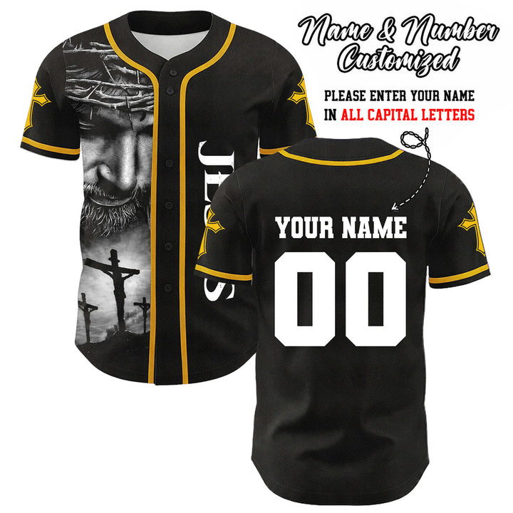 Christianartworkshop Dornenkrone Jesus Individueller Name Nummer Kreuz Ärmel Unisex Baseballtrikot - Gelb - 5XL - Name und Nummer personalisiert - image 8