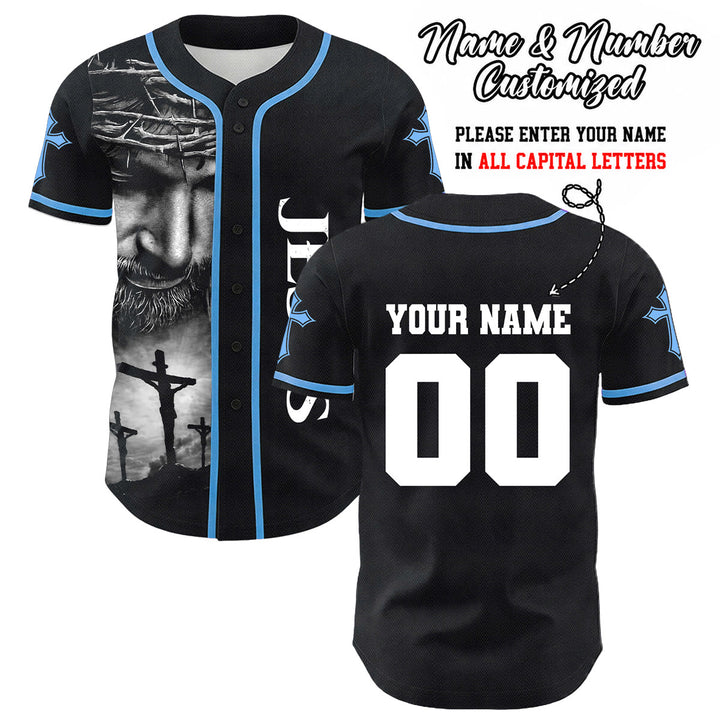 Christianartworkshop Dornenkrone Jesus Individueller Name Nummer Kreuz Ärmel Unisex Baseballtrikot - Blau - 5XL - Name und Nummer personalisiert - image 12