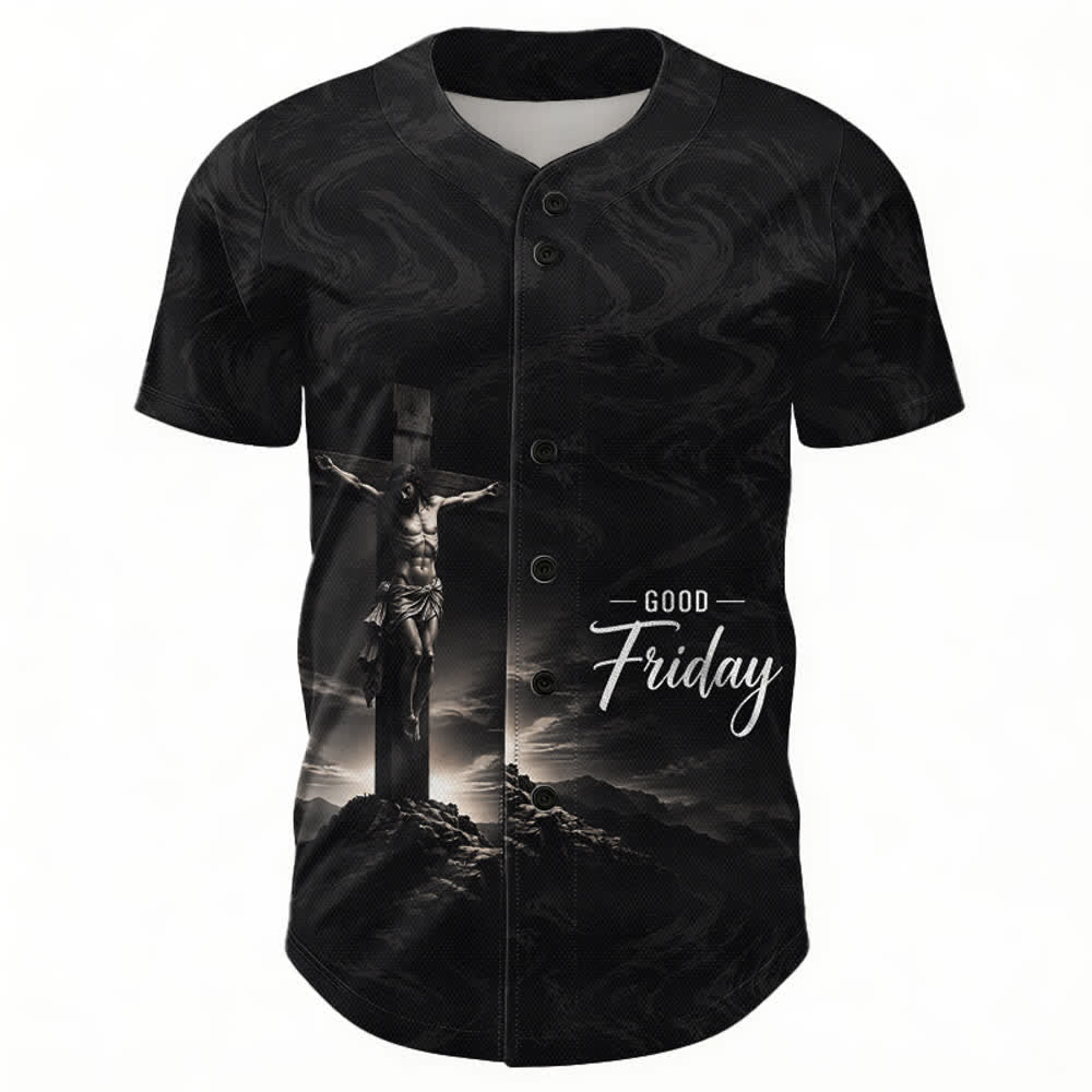 Christianartworkshop Karfreitag Jesus Kreuzigungsmotiv Wirbel Hintergrund Unisex Baseballtrikot - image 1