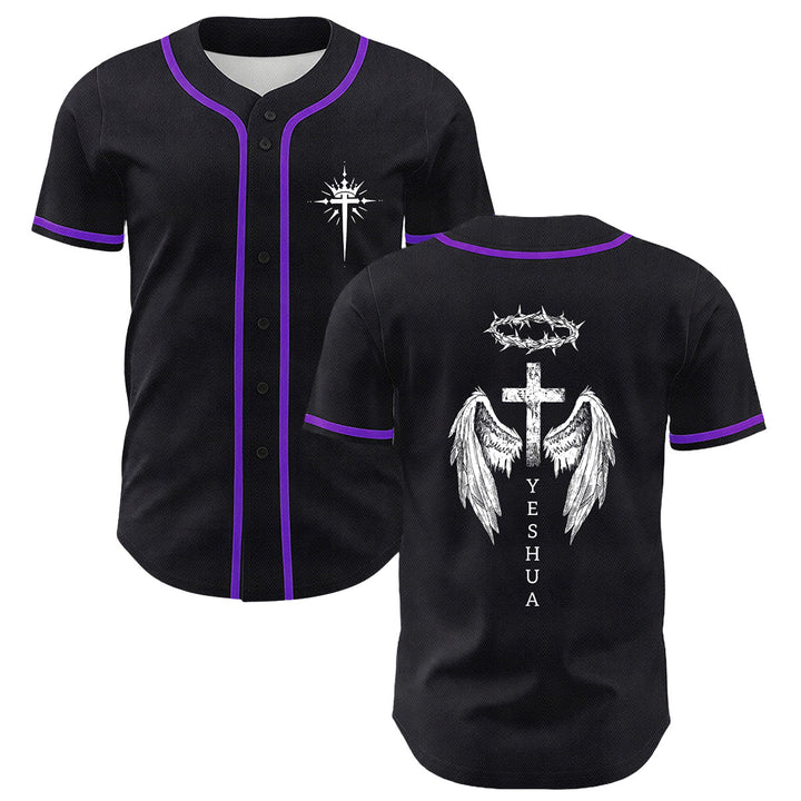 Christianartworkshop Yeshua Dornenkrone Kreuz Engelsflügel Unisex Baseballtrikot - Lila - 5XL - image 21
