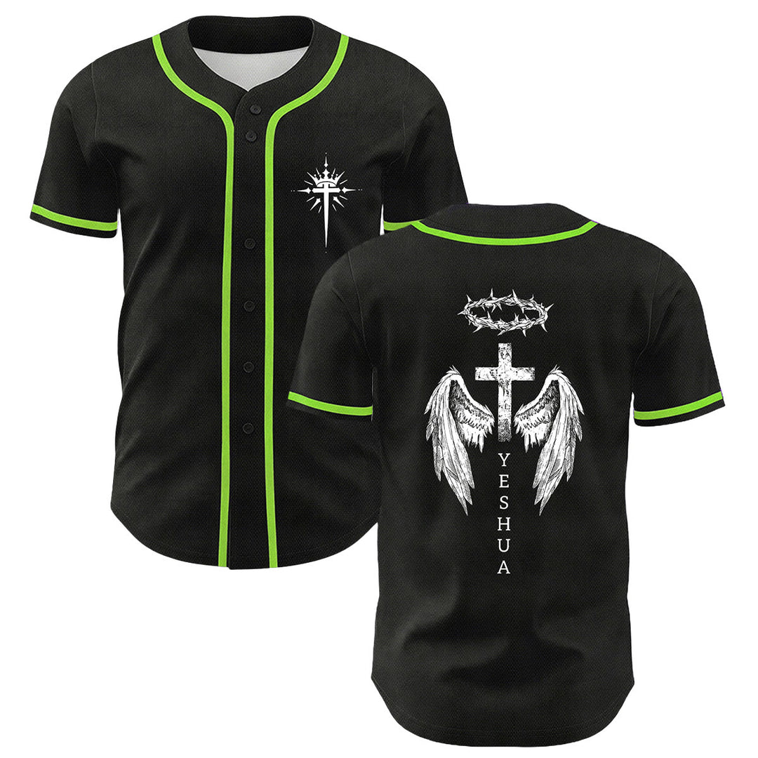 Christianartworkshop Yeshua Dornenkrone Kreuz Engelsflügel Unisex Baseballtrikot - Hellgrün - 5XL - image 18