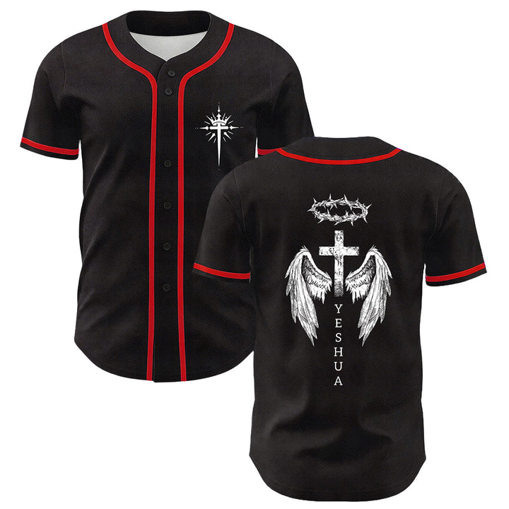 Christianartworkshop Yeshua Dornenkrone Kreuz Engelsflügel Unisex Baseballtrikot - Rot - 5XL - image 12