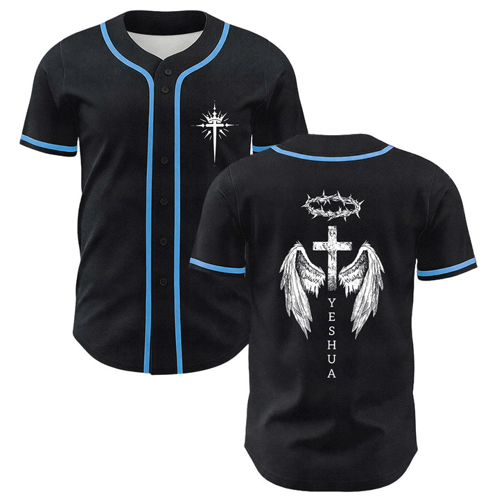 Christianartworkshop Yeshua Dornenkrone Kreuz Engelsflügel Unisex Baseballtrikot - Blau - 5XL - image 6