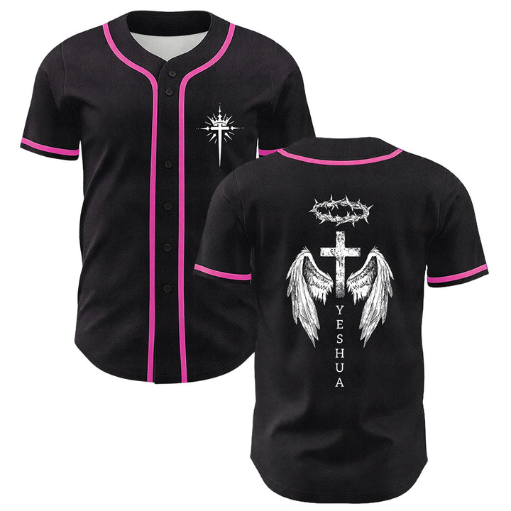 Christianartworkshop Yeshua Dornenkrone Kreuz Engelsflügel Unisex Baseballtrikot - Rosa - 5XL - image 9