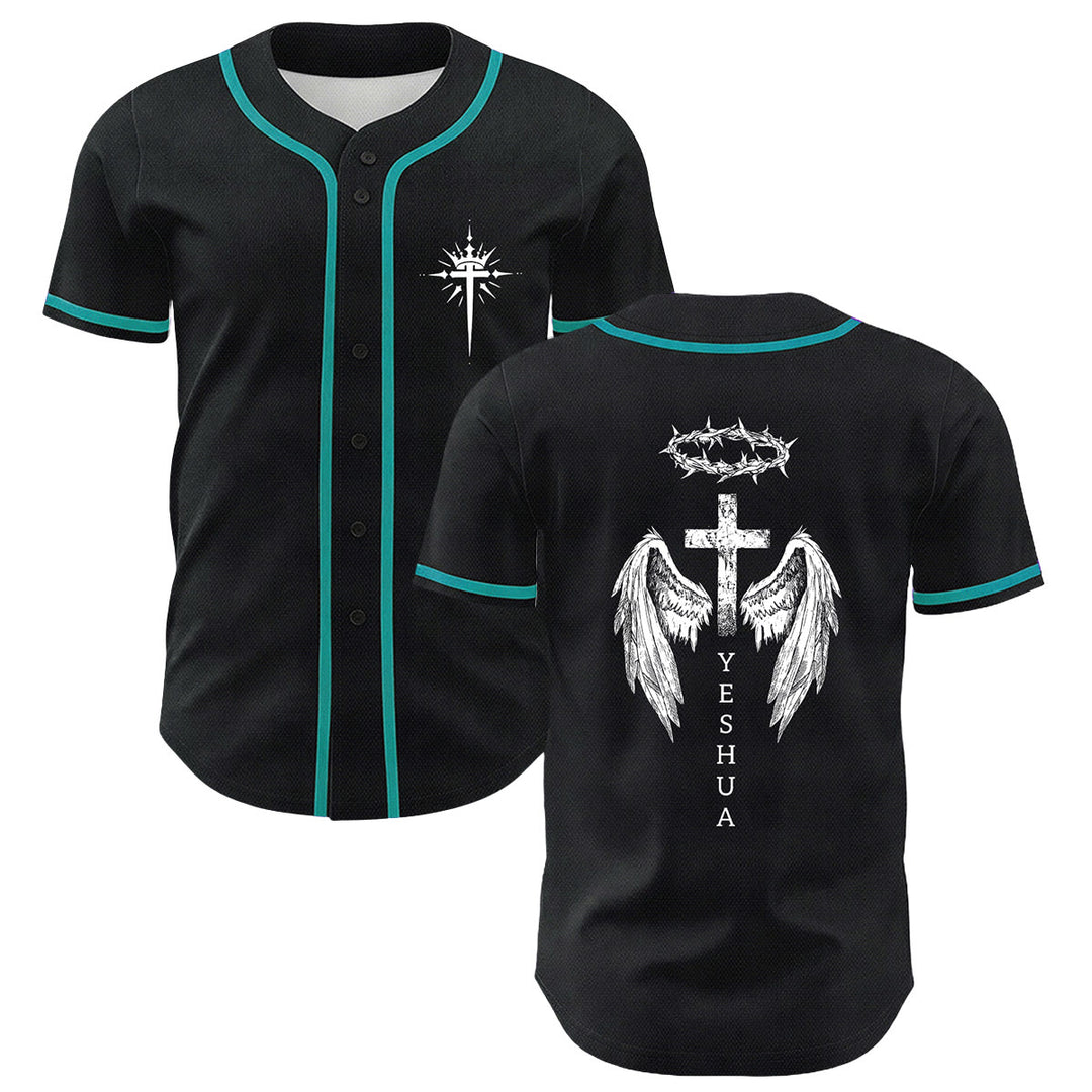 Christianartworkshop Yeshua Dornenkrone Kreuz Engelsflügel Unisex Baseballtrikot - Dunkelgrün - 5XL - image 24