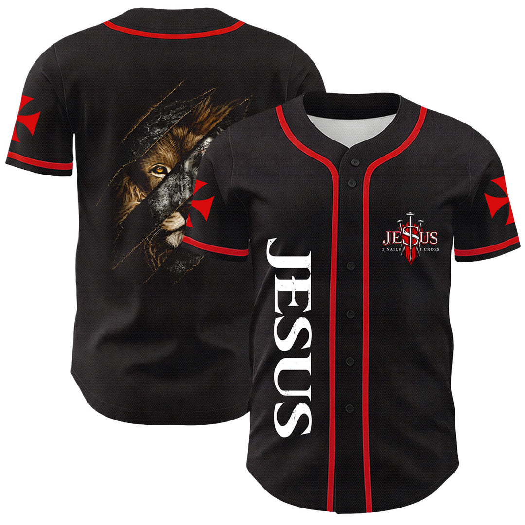Christianartworkshop Jesus Löwe von Juda Zerrissenes Kratzer 3 Nägel Kreuz Unisex Baseballtrikot - Rot - 5XL - image 0